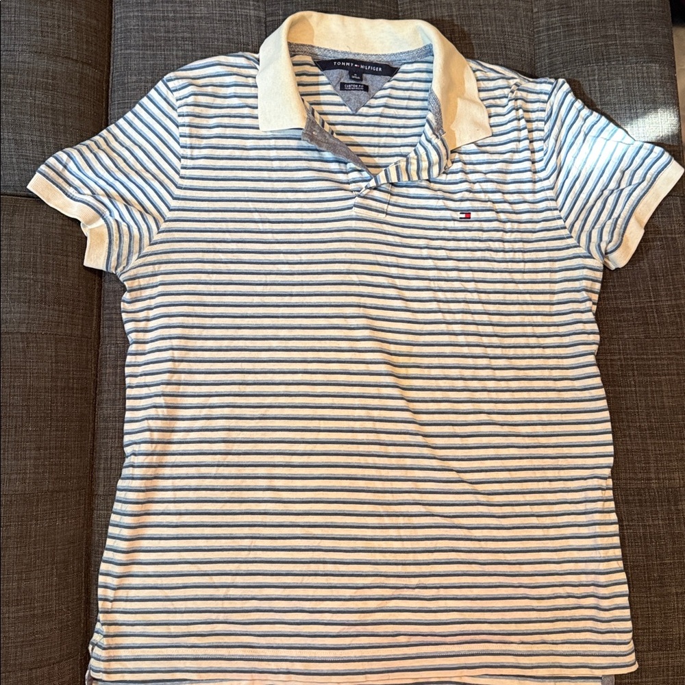 Tommy Hilfiger Navy and Cream Striped Polo
